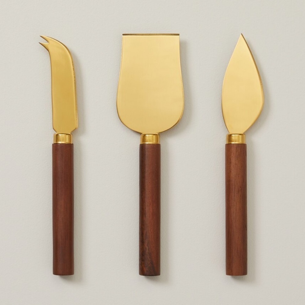 New OUI CHEESE KNIVES, BRUSHED GOLD & WALNUT​​​